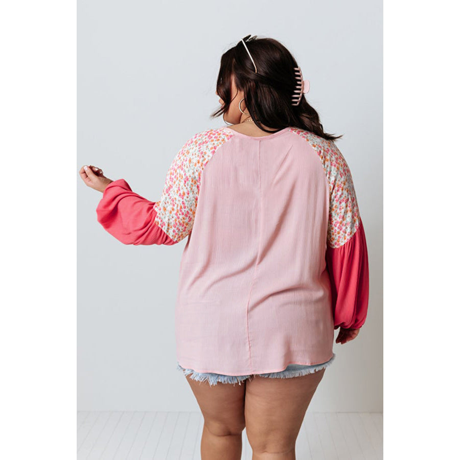 Pink Contrast Floral Patchwork Long Sleeve Plus Size Blouse Plus Size/Plus Size Tops/Plus Size Long Sleeve Tops
