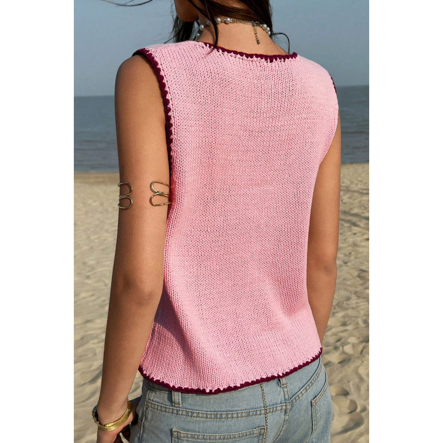 Pink Contrast Trim Buttoned Front Sweater Vest / S / 55% Acrylic + 45% Cotton Sweaters & Cardigans/Sweater Vests