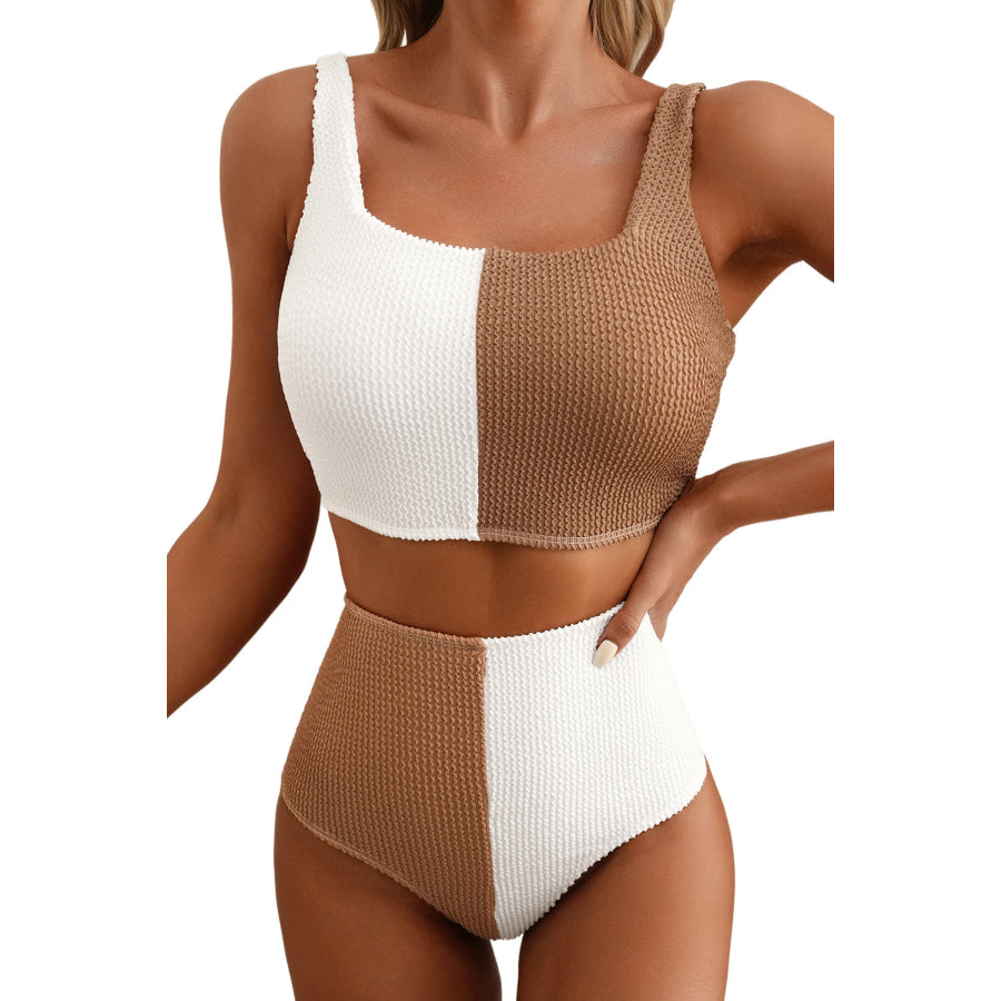 Pink Corded Colorblock Square Neck Bikini Swimsuit Swimwear/Bikinis