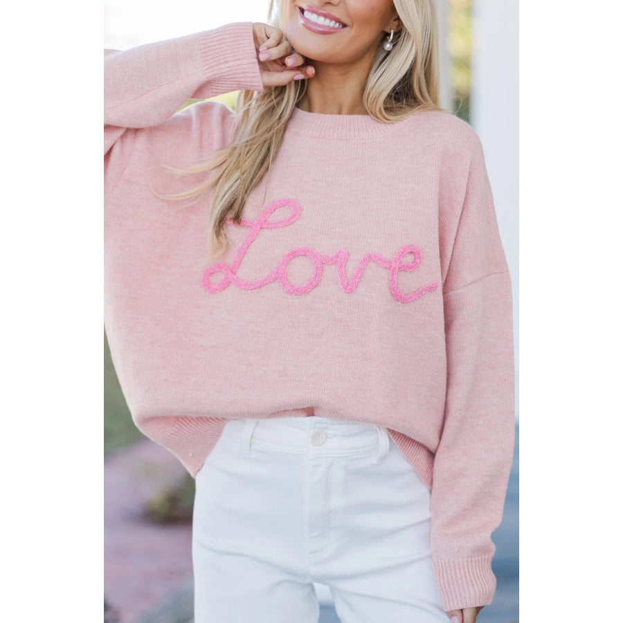Pink Corded Love Script Graphic Baggy Sweater Pink / S / 70% Polyester + 20% Acrylic + 10% Polyamide Sweaters & Cardigans/Sweaters
