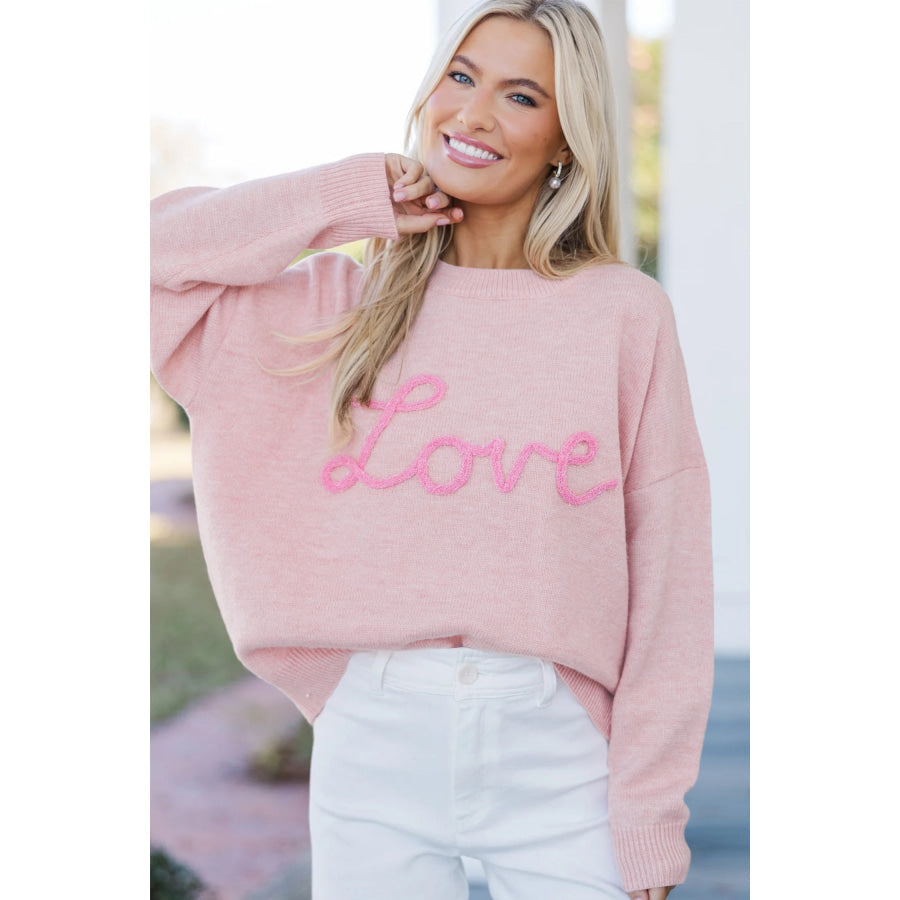 Pink Corded Love Script Graphic Baggy Sweater Sweaters & Cardigans/Sweaters