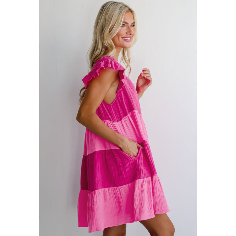 Pink Crinkled Colorblock Patchwork Flutter Tiered Mini Dress Dresses/Mini Dresses