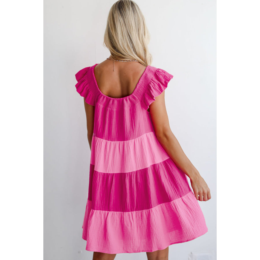 Pink Crinkled Colorblock Patchwork Flutter Tiered Mini Dress Pink / S / 100% Cotton Dresses/Mini Dresses