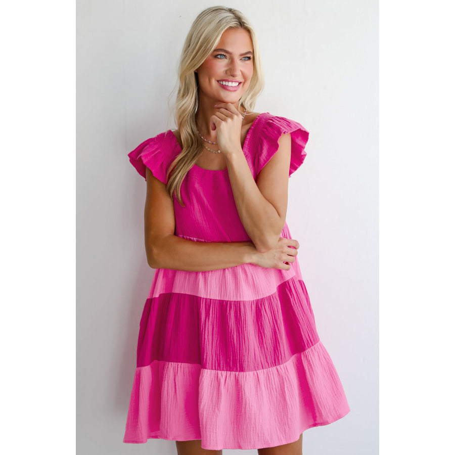 Pink Crinkled Colorblock Patchwork Flutter Tiered Mini Dress Dresses/Mini Dresses