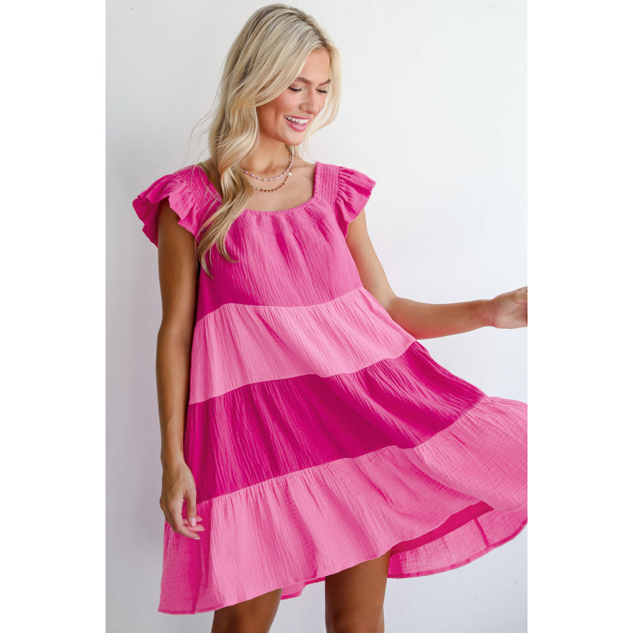 Pink Crinkled Colorblock Patchwork Flutter Tiered Mini Dress Dresses/Mini Dresses