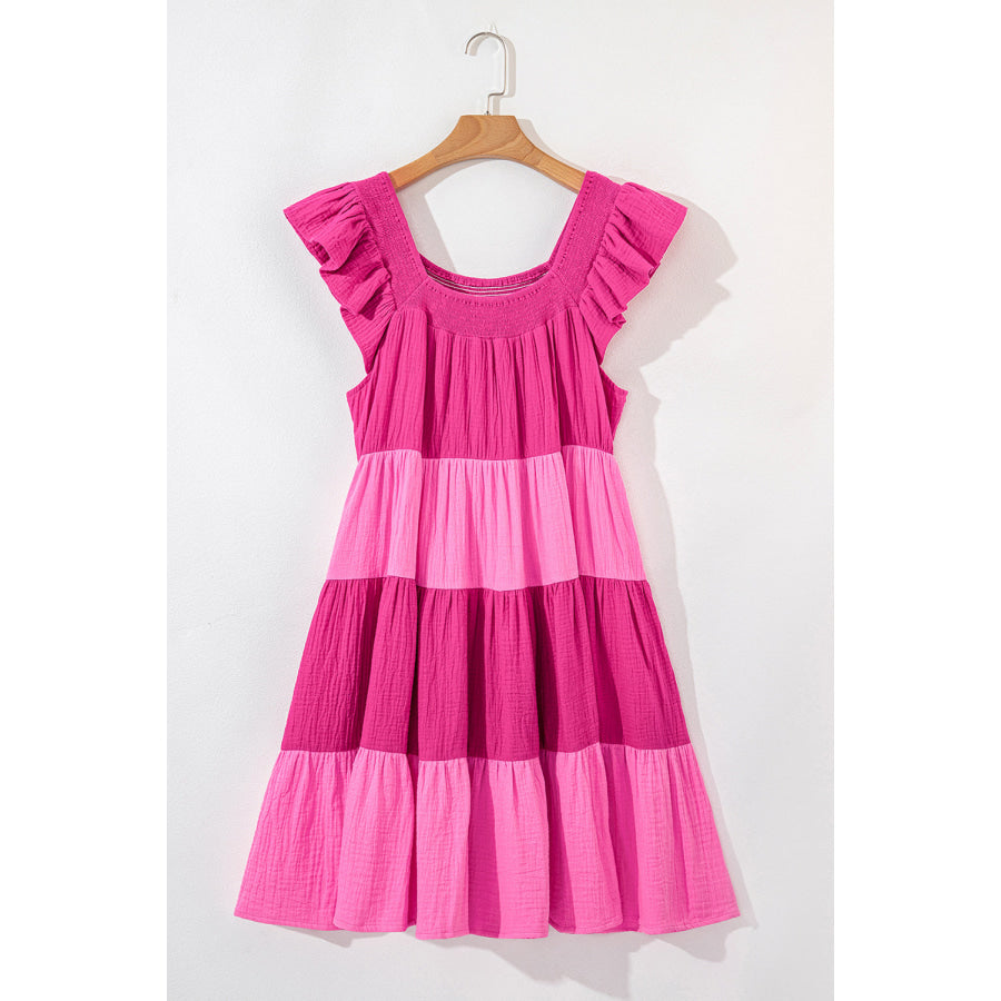 Pink Crinkled Colorblock Patchwork Flutter Tiered Mini Dress Dresses/Mini Dresses
