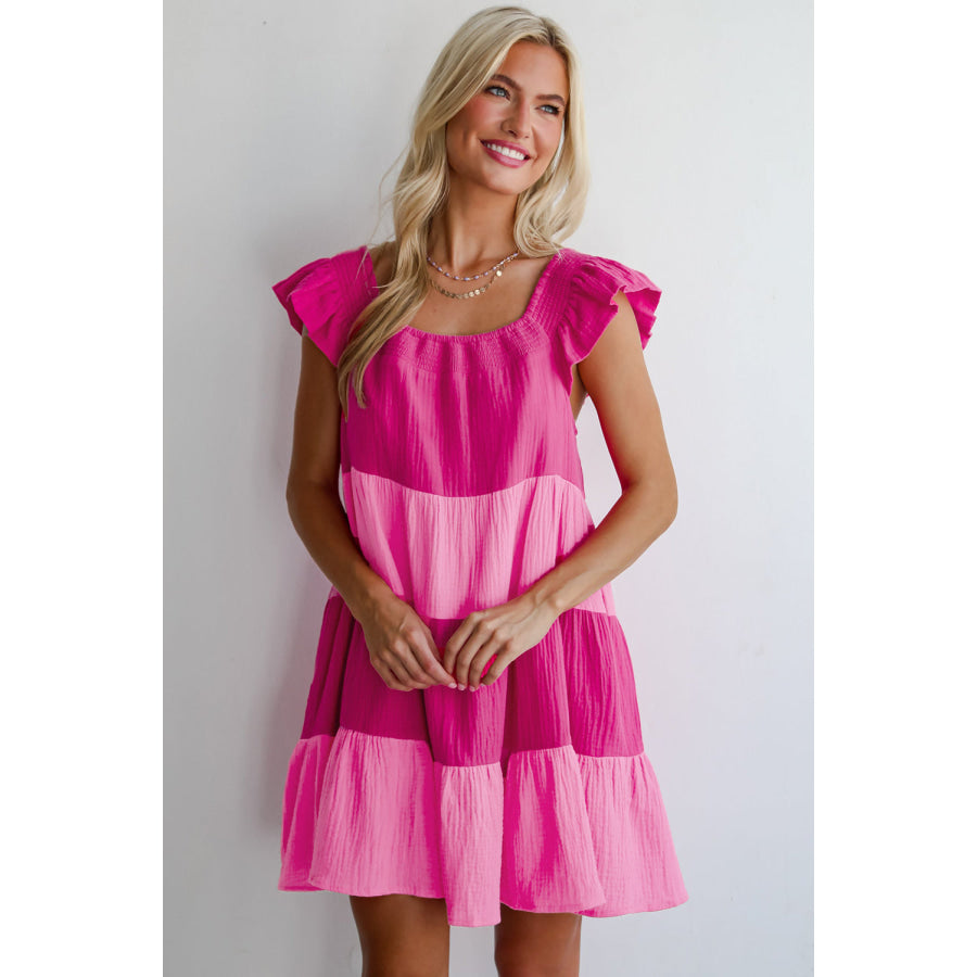 Pink Crinkled Colorblock Patchwork Flutter Tiered Mini Dress Dresses/Mini Dresses