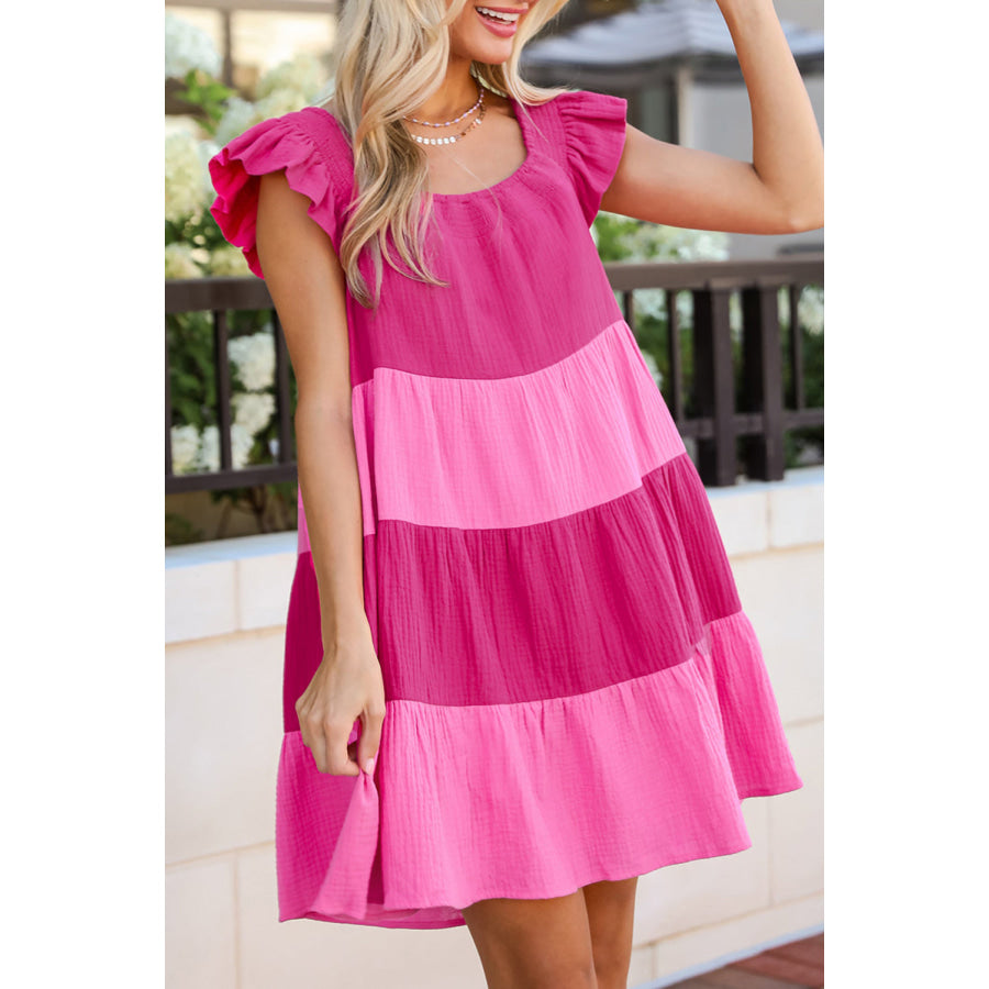 Pink Crinkled Colorblock Patchwork Flutter Tiered Mini Dress Pink / S / 100% Cotton Dresses/Mini Dresses