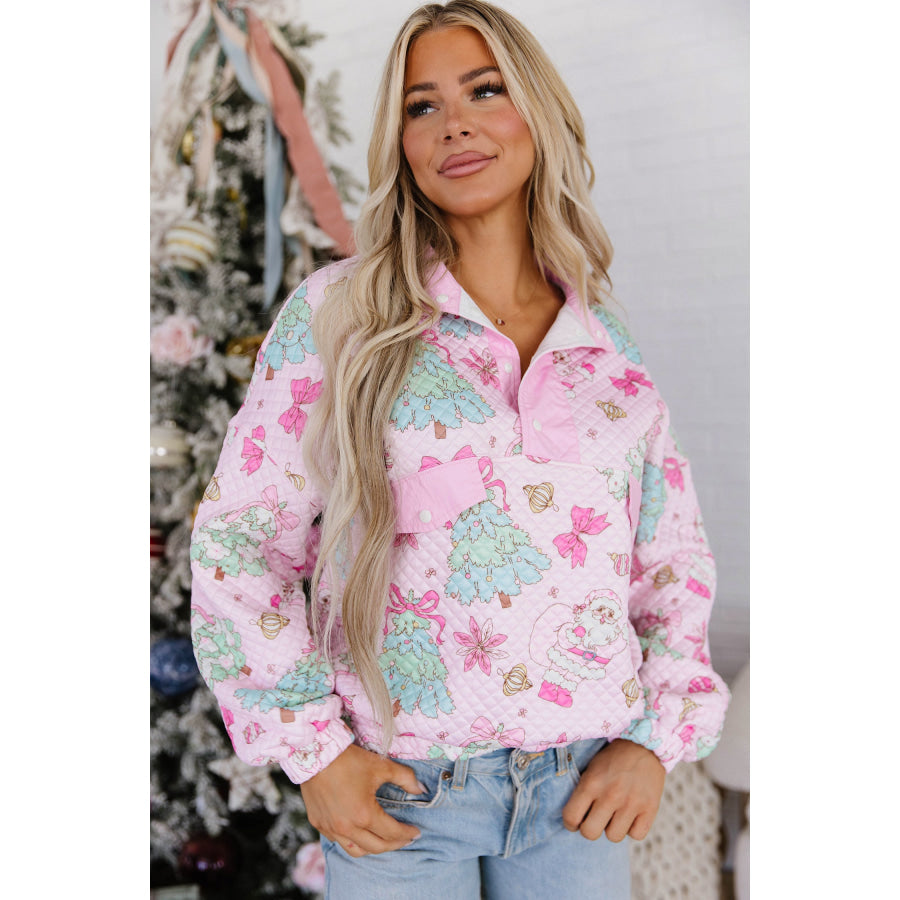 Pink Cute Christmas Print Collar Half Button Loose Sweatshirt / S / 100% Polyester Tops/Sweatshirts & Hoodies