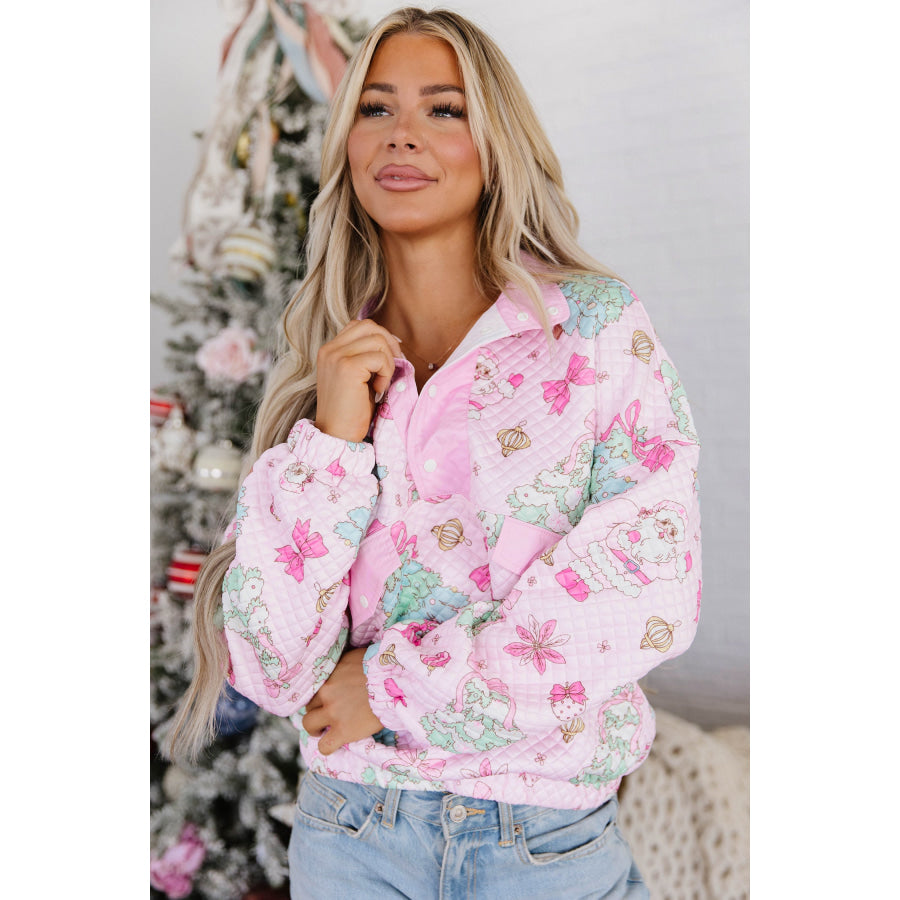 Pink Cute Christmas Print Collar Half Button Loose Sweatshirt Tops/Sweatshirts & Hoodies