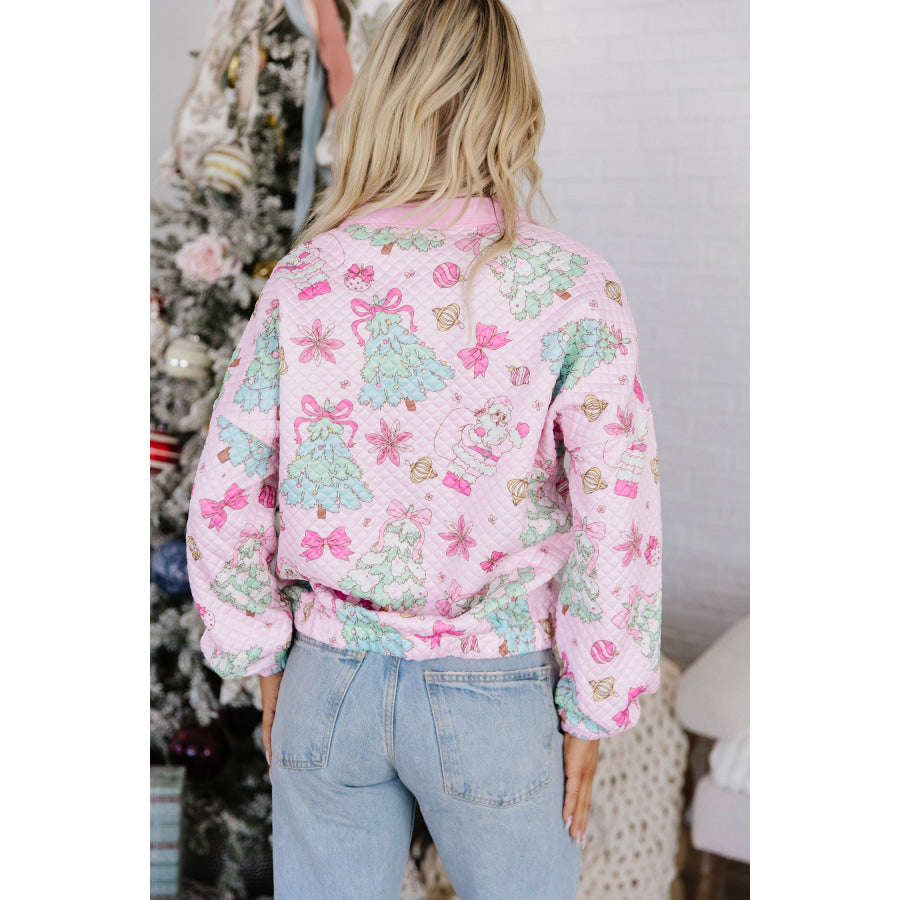 Pink Cute Christmas Print Collar Half Button Loose Sweatshirt Tops/Sweatshirts & Hoodies