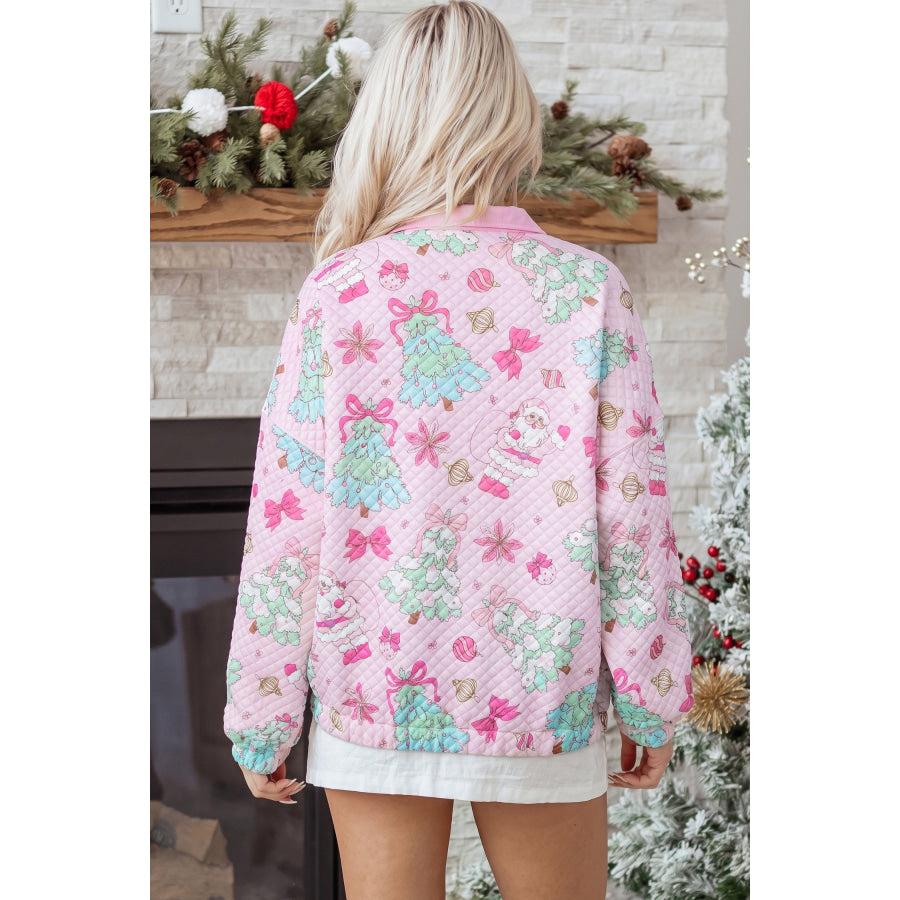 Pink Cute Christmas Print Collar Half Button Loose Sweatshirt Tops/Sweatshirts & Hoodies