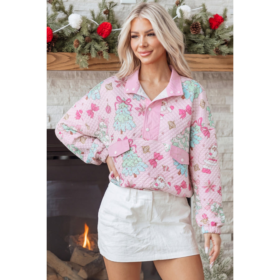 Pink Cute Christmas Print Collar Half Button Loose Sweatshirt Tops/Sweatshirts & Hoodies