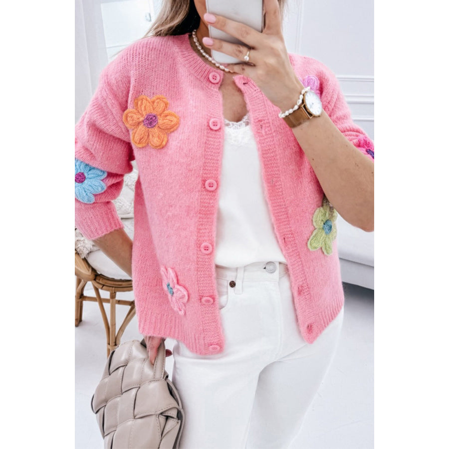 Pink Cute Knitted Floral Pattern Button Up Cardigan Pink / S / 42% Acrylic + 30% Polyester + 28% Polyamide Sweaters & Cardigans/Cardigans