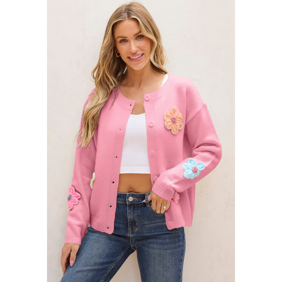 Pink Cute Knitted Floral Pattern Button Up Cardigan Sweaters & Cardigans/Cardigans