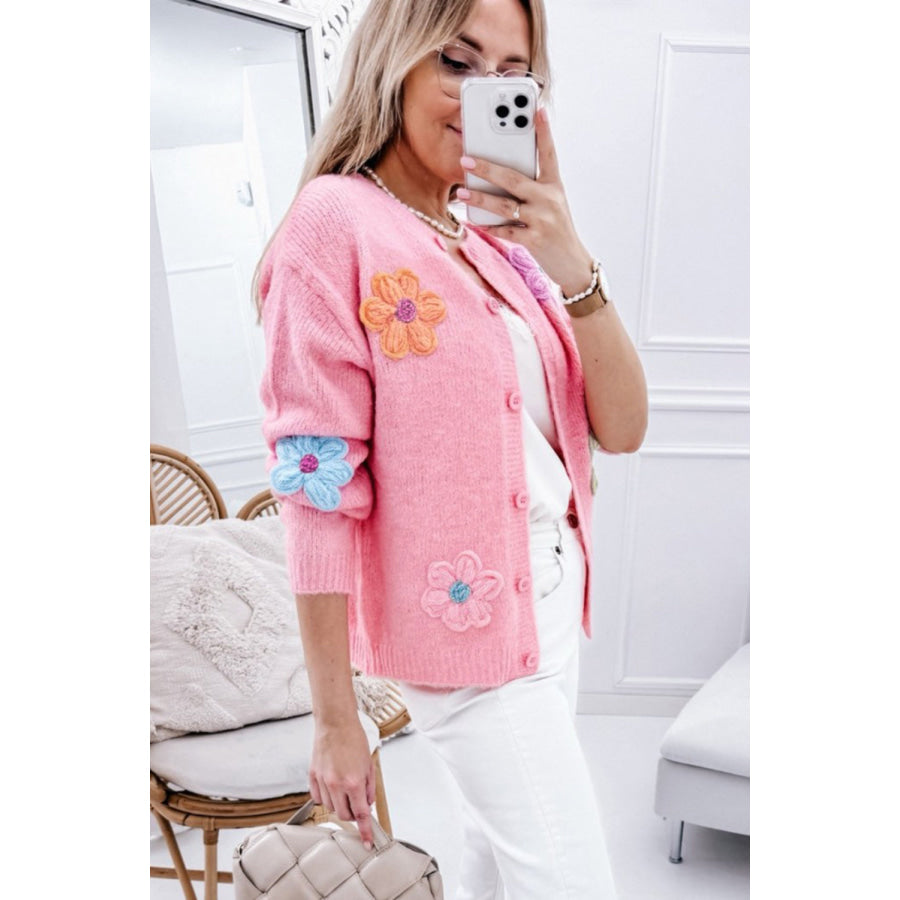 Pink Cute Knitted Floral Pattern Button Up Cardigan Sweaters & Cardigans/Cardigans