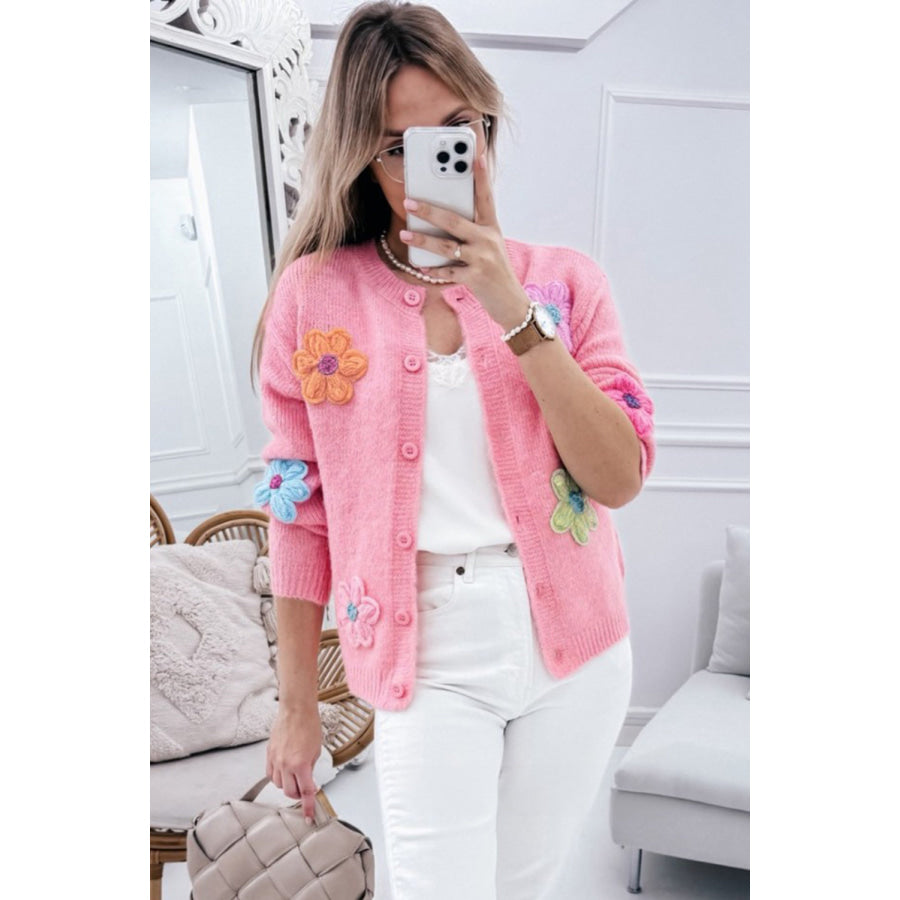 Pink Cute Knitted Floral Pattern Button Up Cardigan Sweaters & Cardigans/Cardigans