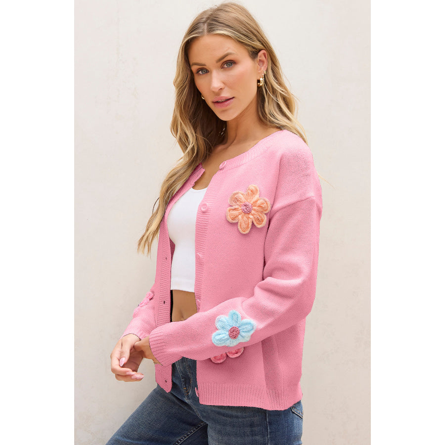 Pink Cute Knitted Floral Pattern Button Up Cardigan Sweaters & Cardigans/Cardigans