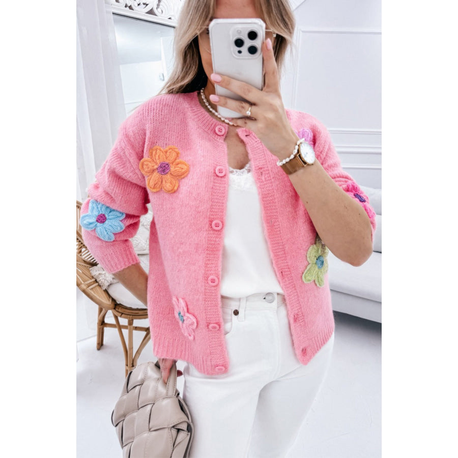 Pink Cute Knitted Floral Pattern Button Up Cardigan Sweaters & Cardigans/Cardigans