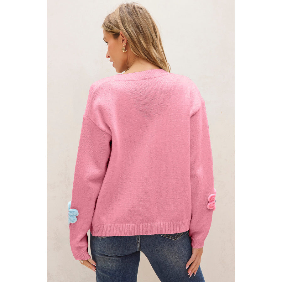 Pink Cute Knitted Floral Pattern Button Up Cardigan Sweaters & Cardigans/Cardigans