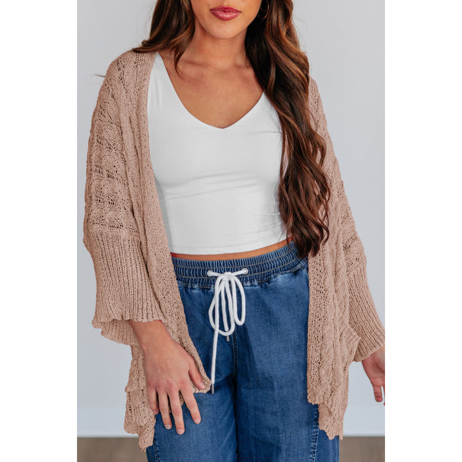 Pink Drop Shoulder Crochet Knit Open Front Cardigan Old Rose / S / 100% Acrylic Sweaters & Cardigans/Cardigans