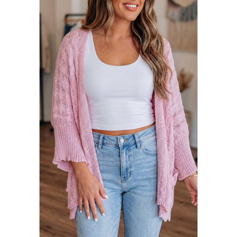Pink Drop Shoulder Crochet Knit Open Front Cardigan Pink / S / 100% Acrylic Sweaters & Cardigans/Cardigans