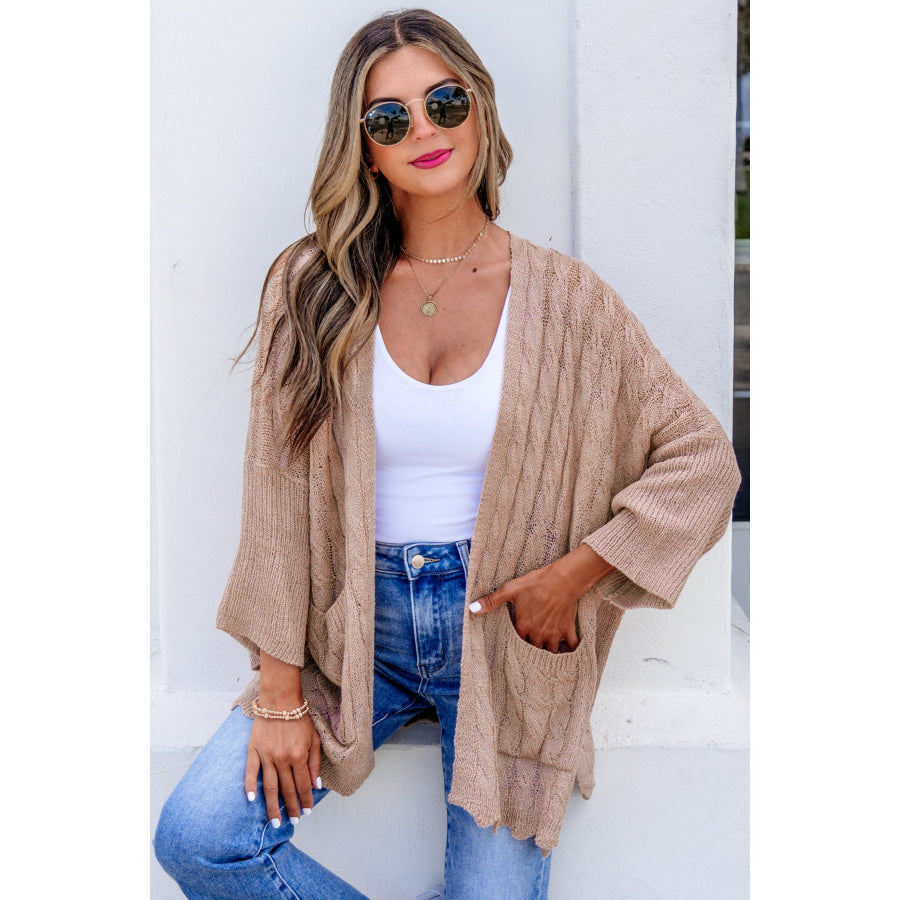 Pink Drop Shoulder Crochet Knit Open Front Cardigan Sweaters & Cardigans/Cardigans