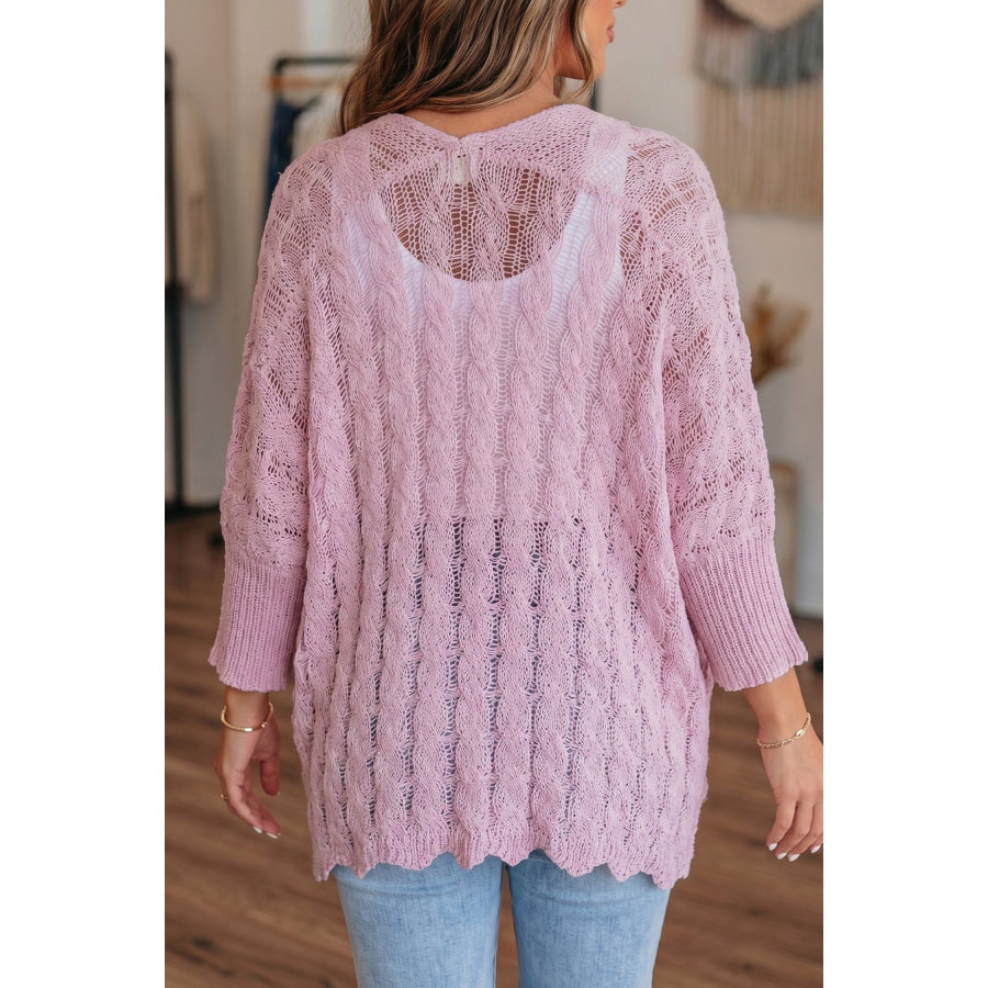 Pink Drop Shoulder Crochet Knit Open Front Cardigan Sweaters & Cardigans/Cardigans