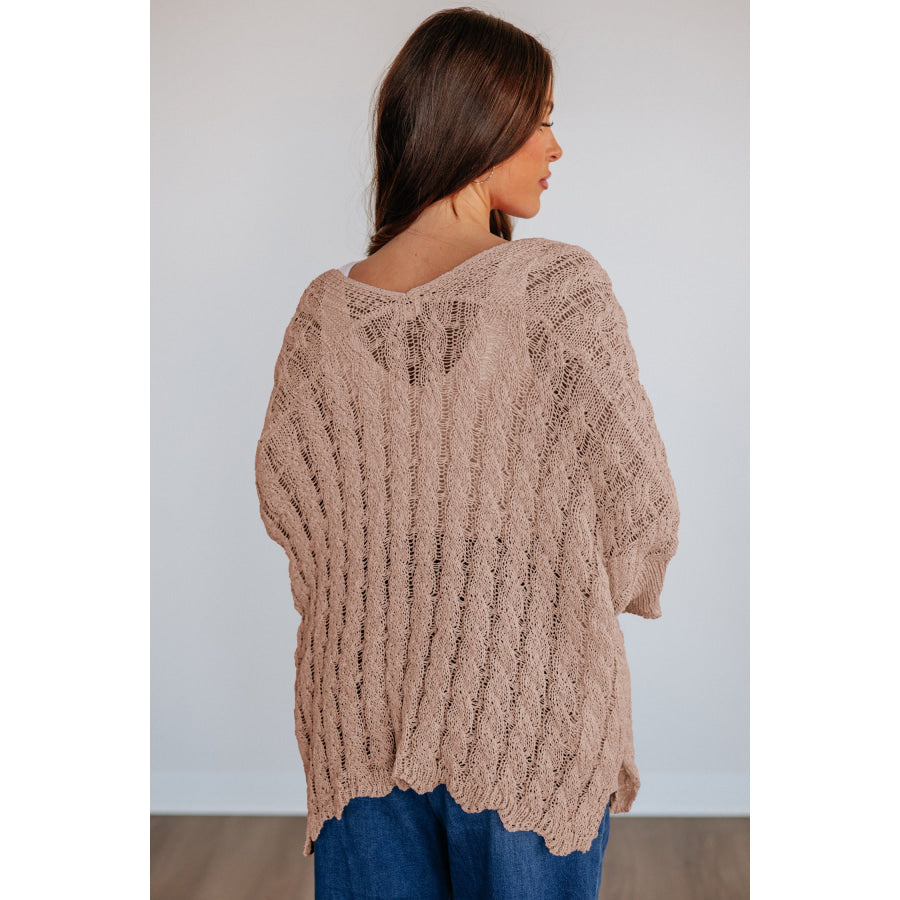 Pink Drop Shoulder Crochet Knit Open Front Cardigan Sweaters & Cardigans/Cardigans