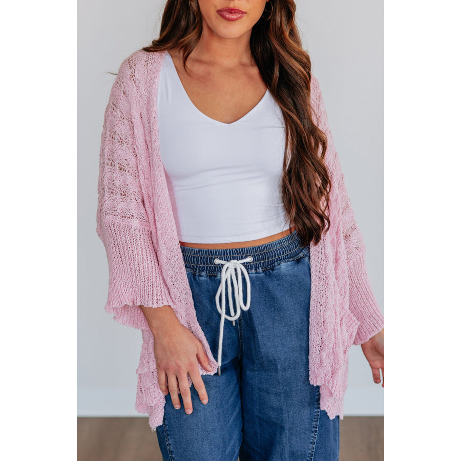 Pink Drop Shoulder Crochet Knit Open Front Cardigan Sweaters & Cardigans/Cardigans