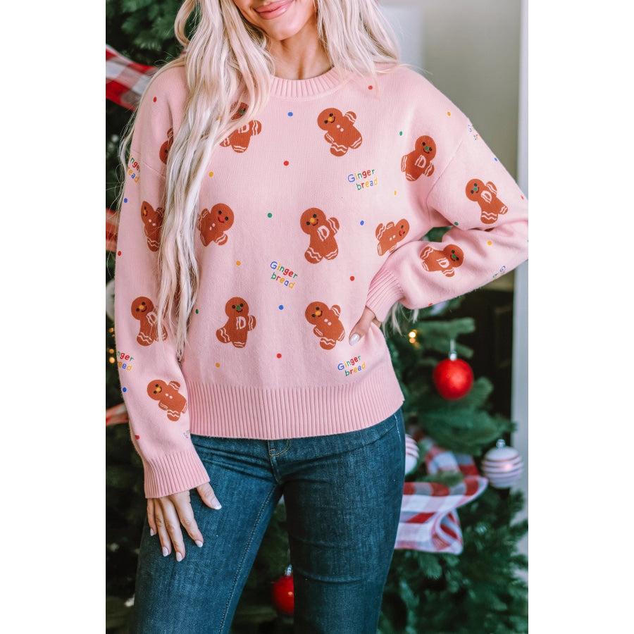 Pink Festive Gingerbread Pattern Long Sleeve Round Neck Sweater Pink / S / 52% Viscose + 26% Polyester + 22% Polyamide Sweaters &
