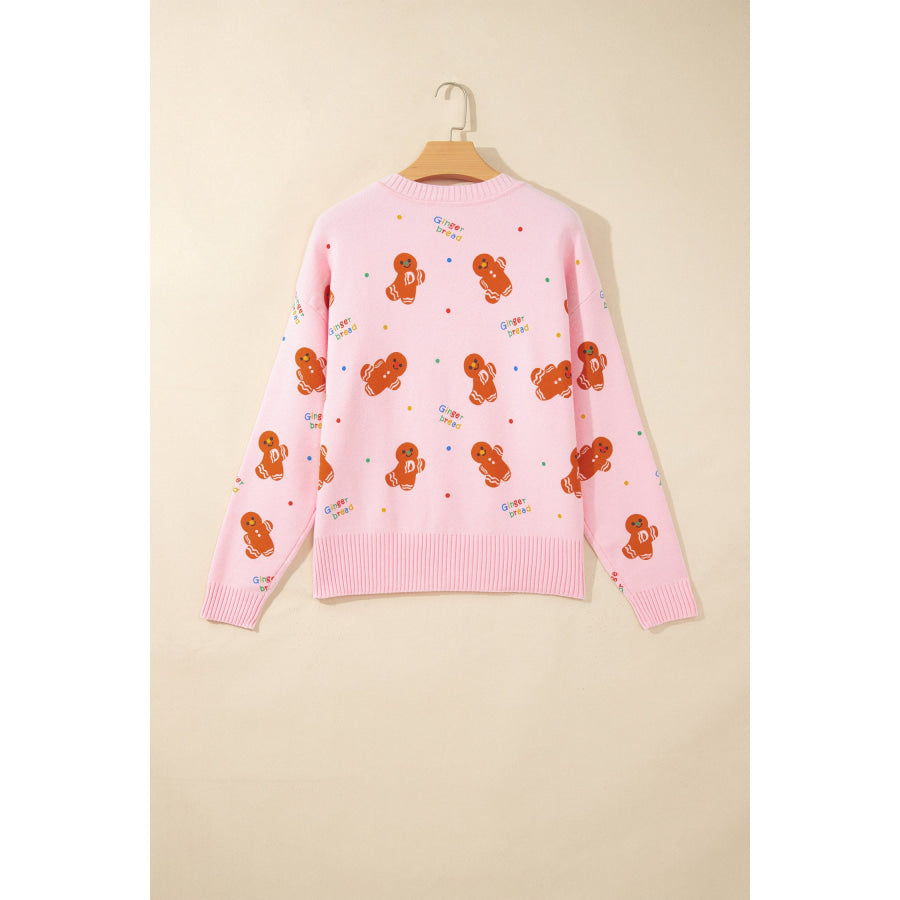 Pink Festive Gingerbread Pattern Long Sleeve Round Neck Sweater Sweaters & Cardigans/Sweaters