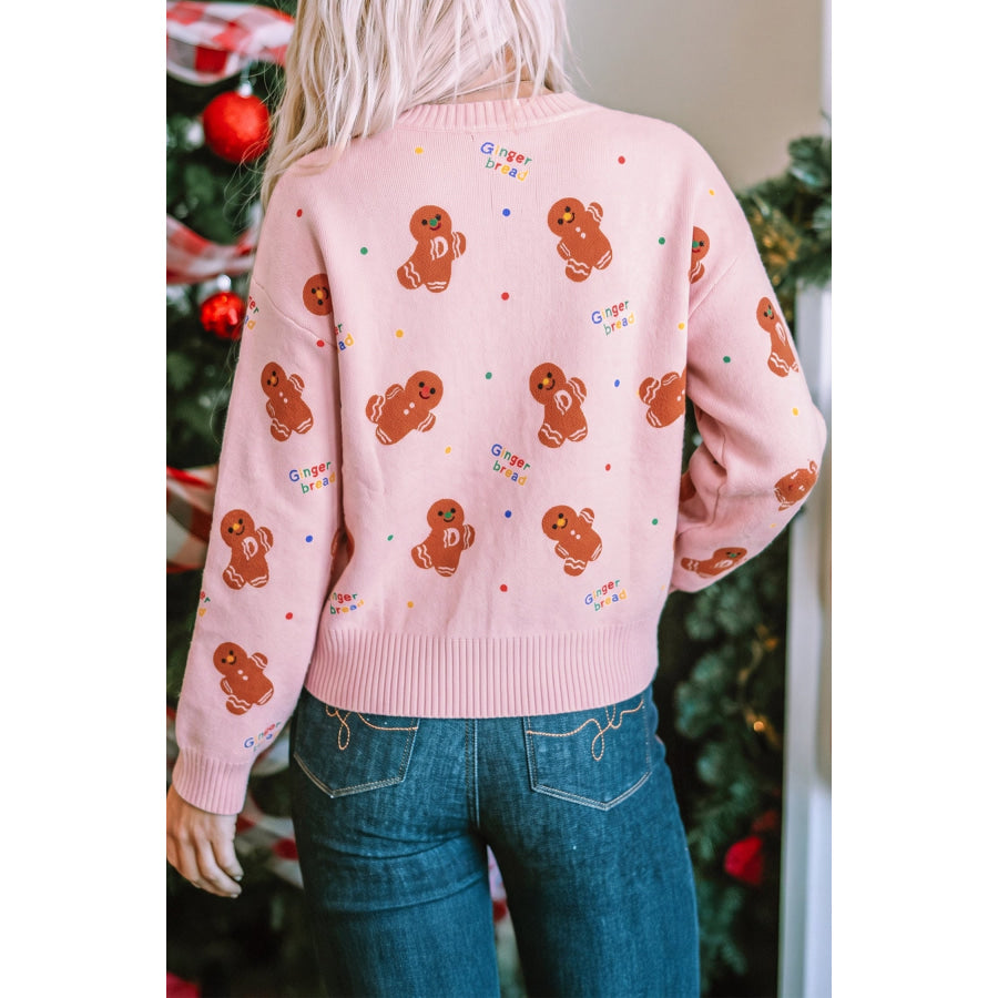Pink Festive Gingerbread Pattern Long Sleeve Round Neck Sweater Sweaters & Cardigans/Sweaters