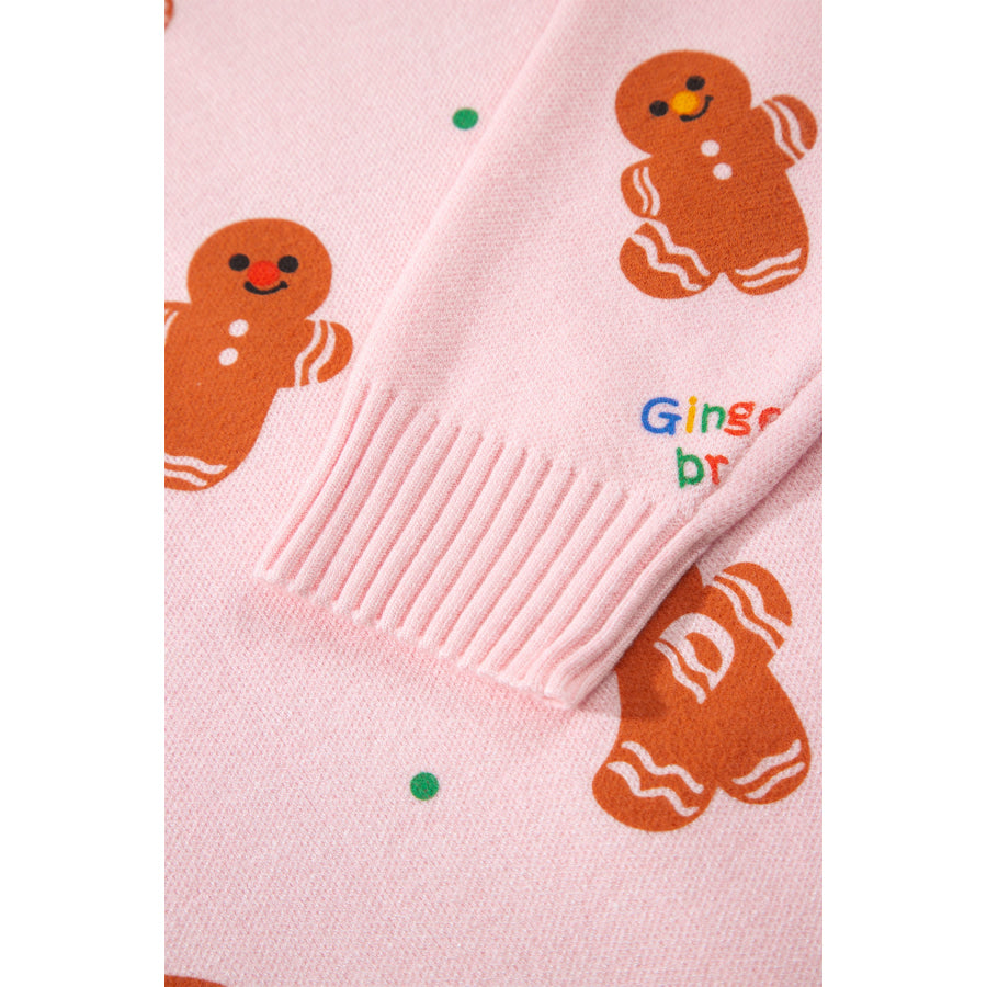 Pink Festive Gingerbread Pattern Long Sleeve Round Neck Sweater Sweaters & Cardigans/Sweaters