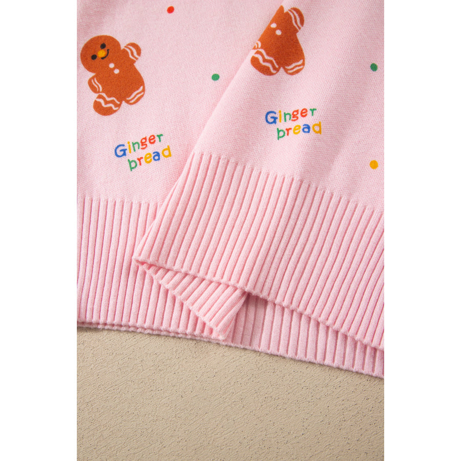 Pink Festive Gingerbread Pattern Long Sleeve Round Neck Sweater Sweaters & Cardigans/Sweaters