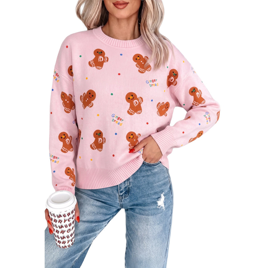 Pink Festive Gingerbread Pattern Long Sleeve Round Neck Sweater Sweaters & Cardigans/Sweaters