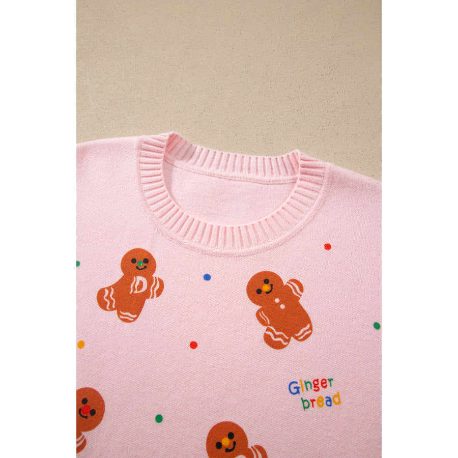 Pink Festive Gingerbread Pattern Long Sleeve Round Neck Sweater Sweaters & Cardigans/Sweaters