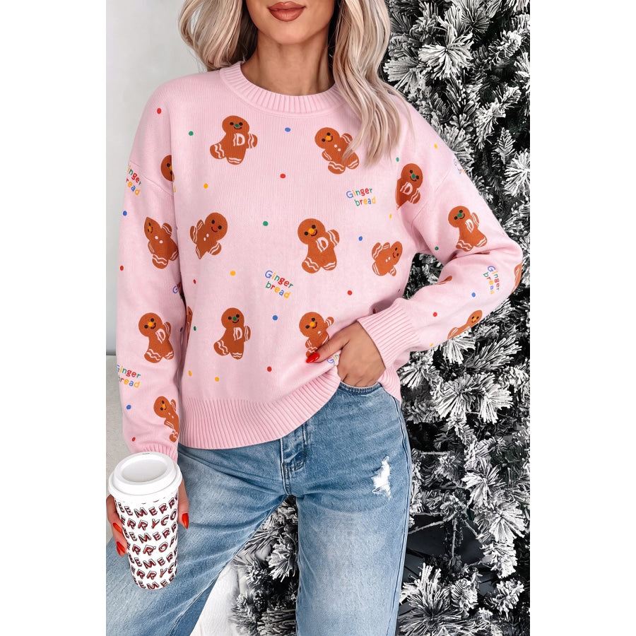 Pink Festive Gingerbread Pattern Long Sleeve Round Neck Sweater Sweaters & Cardigans/Sweaters