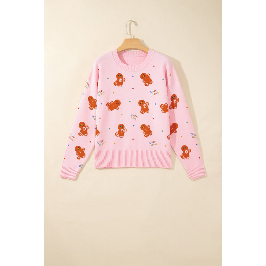 Pink Festive Gingerbread Pattern Long Sleeve Round Neck Sweater Sweaters & Cardigans/Sweaters