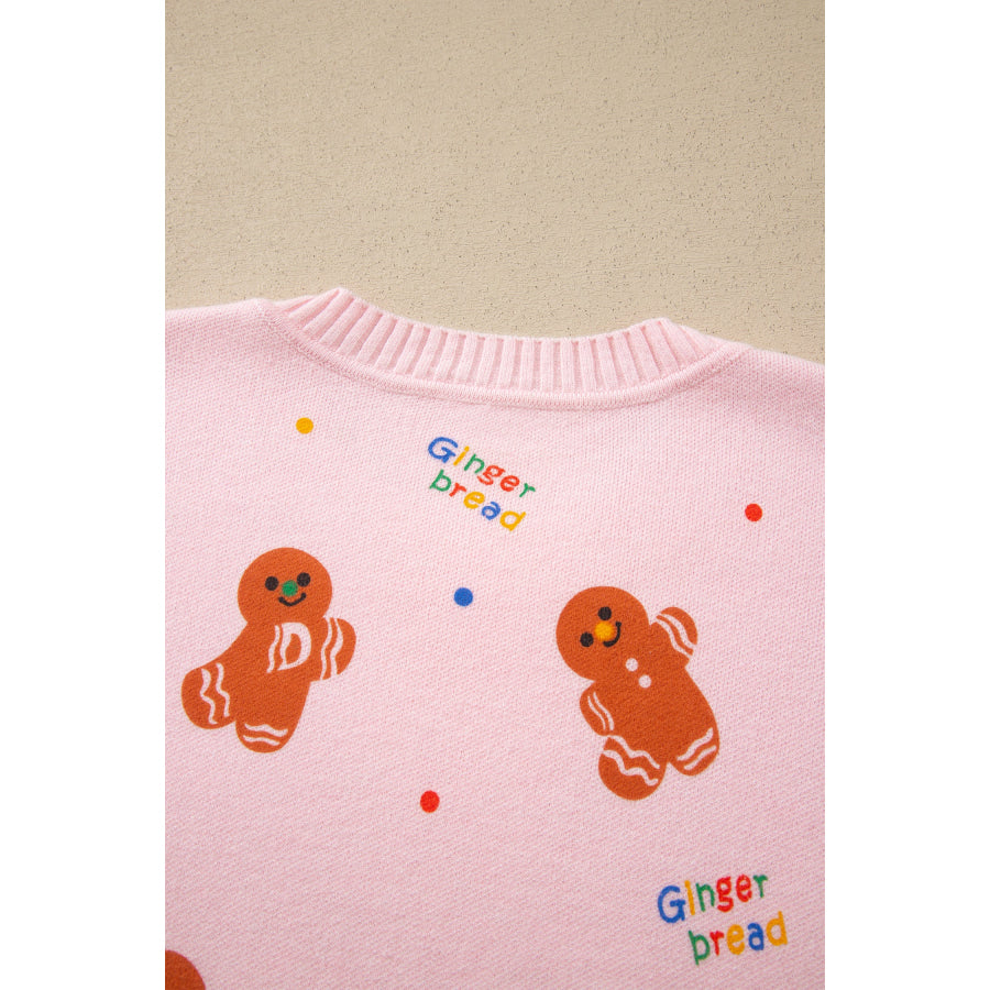 Pink Festive Gingerbread Pattern Long Sleeve Round Neck Sweater Sweaters & Cardigans/Sweaters