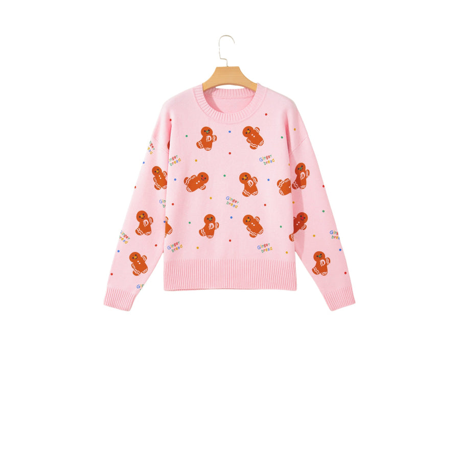 Pink Festive Gingerbread Pattern Long Sleeve Round Neck Sweater Sweaters & Cardigans/Sweaters