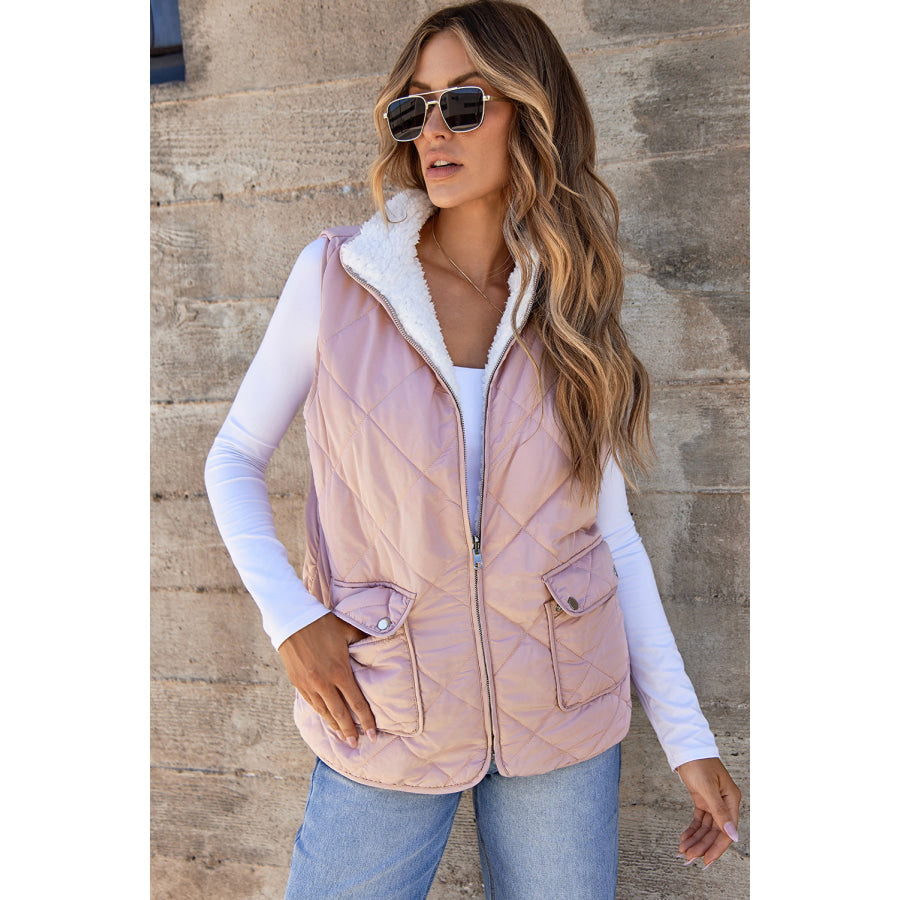 Pink Fleece Lined Quilted Vest Coats / S / 100% Polyester Outerwear/Vests