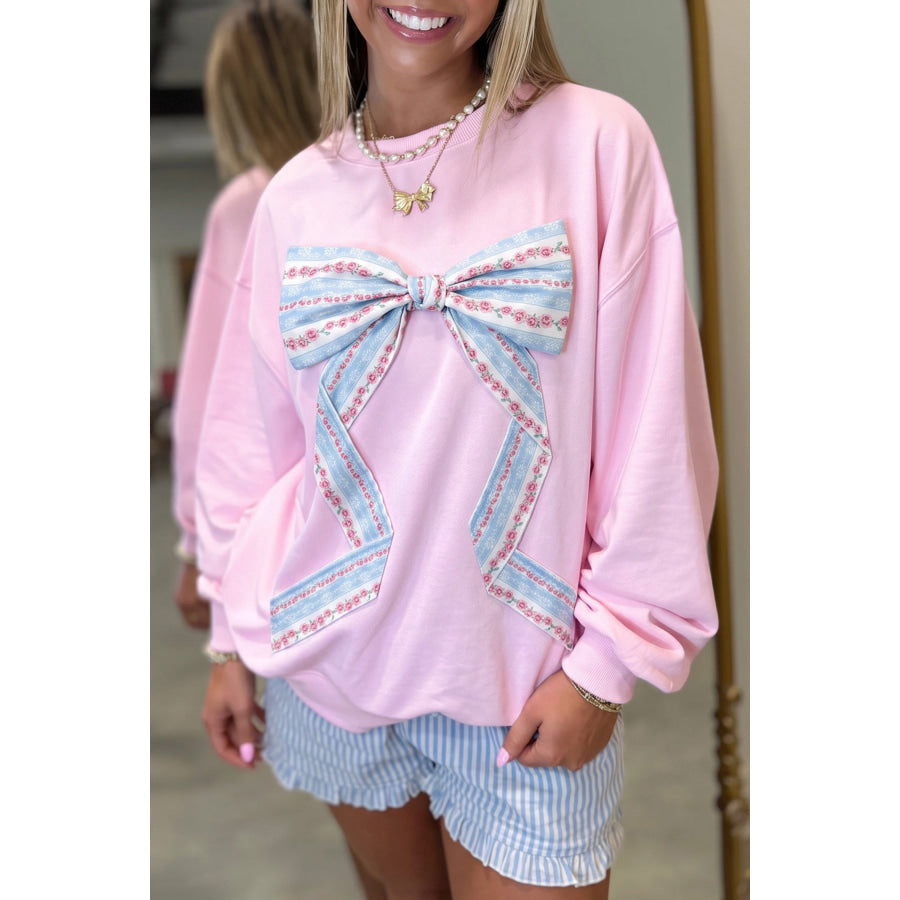 Pink Floral Bow Decoration Drop Shoulder Long Sleeve Top / S Tops/Long Tops