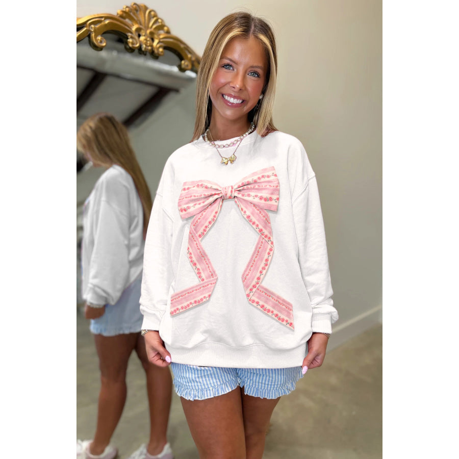 Pink Floral Bow Decoration Drop Shoulder Long Sleeve Top Tops/Long Tops