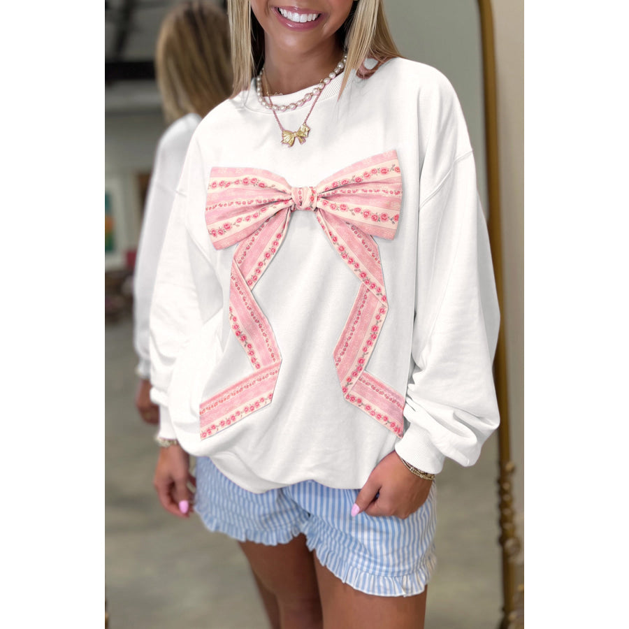 Pink Floral Bow Decoration Drop Shoulder Long Sleeve Top White / S Tops/Long Tops