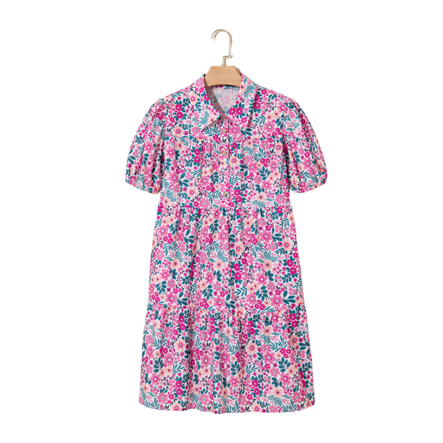 Pink Floral Collared Half Placket Short Sleeve Loose Dress Dresses/Floral Dresses