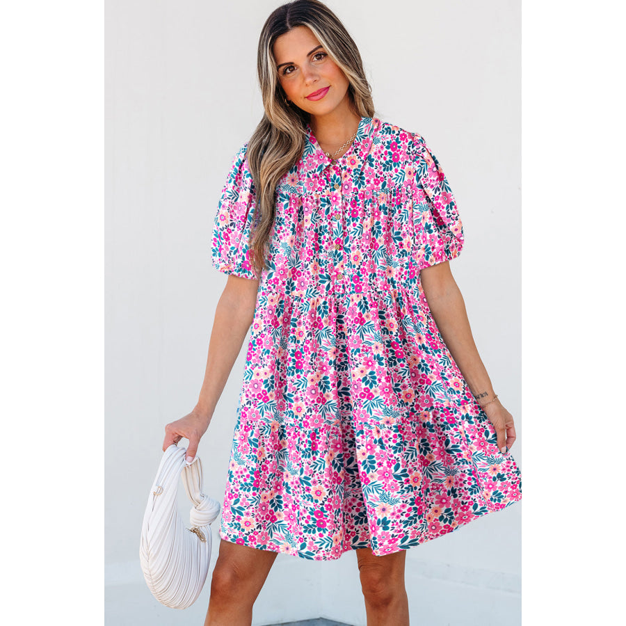 Pink Floral Collared Half Placket Short Sleeve Loose Dress Dresses/Floral Dresses