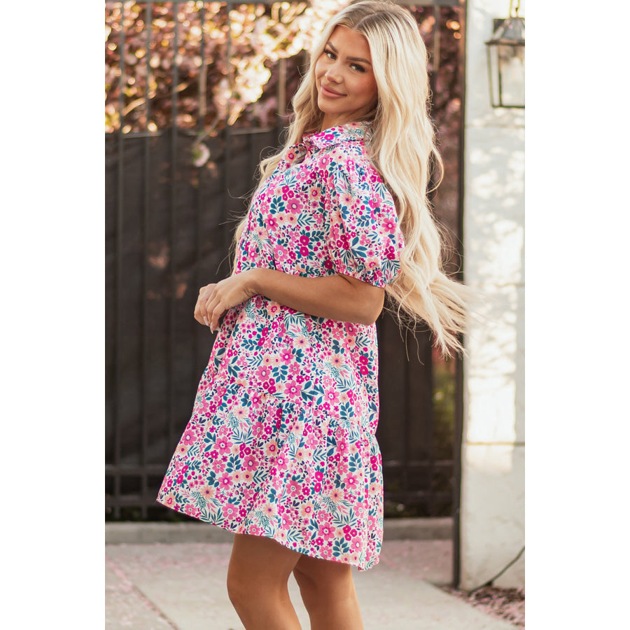 Pink Floral Collared Half Placket Short Sleeve Loose Dress Dresses/Floral Dresses