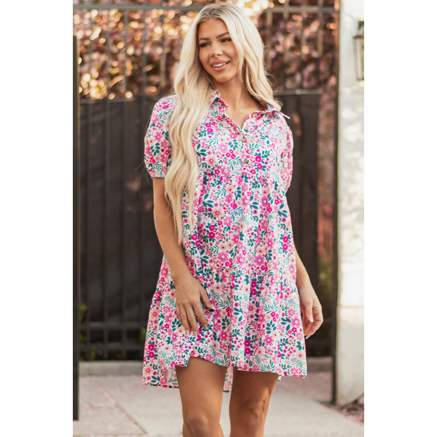 Pink Floral Collared Half Placket Short Sleeve Loose Dress Dresses/Floral Dresses