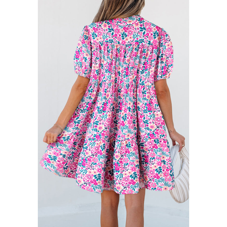 Pink Floral Collared Half Placket Short Sleeve Loose Dress Pink / S / 100% Polyester Dresses/Floral Dresses